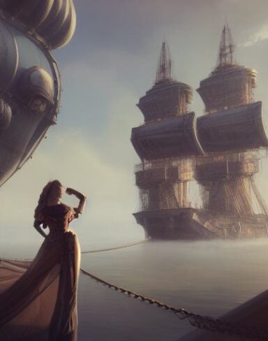 A painting of a woman standing near a giant ship