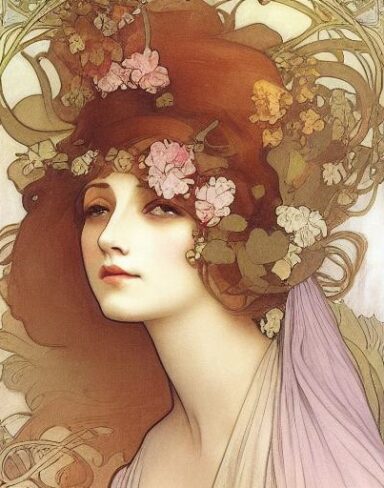 A painting of a woman with flowers in her hair