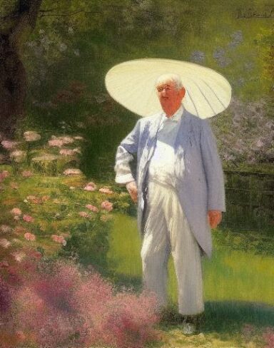 A painting of an old man in a garden