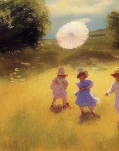 A painting of children playing in a field
