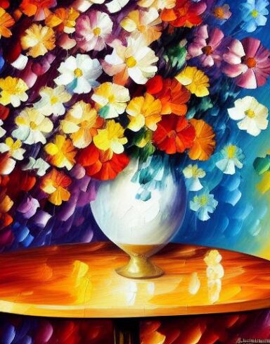 A painting of colorful floral in a vase on a table