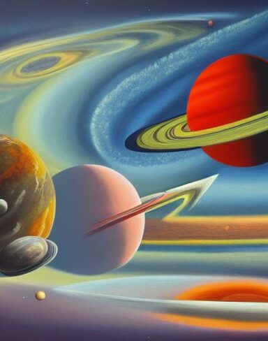 A painting of different planets in space