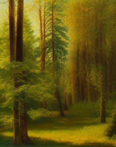 A painting of green trees in a forest