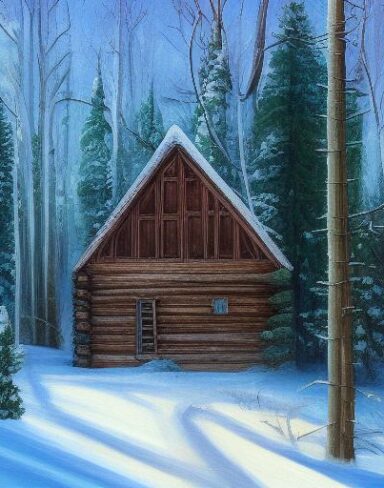 A painting of one cabin in a snowy forest