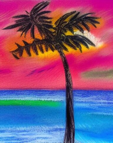 A painting of palm tree on a beach side