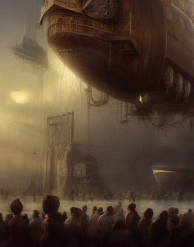 A painting of people and a giant ship