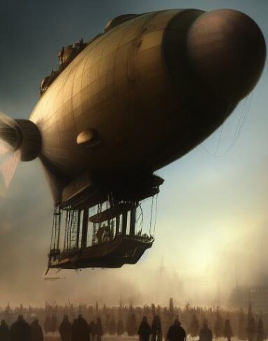 A painting of people standing in front of a airship