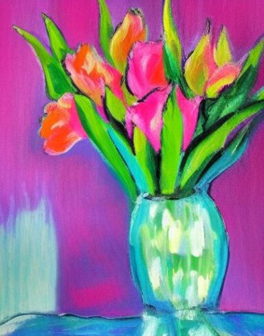 A painting of pink floral in the vase