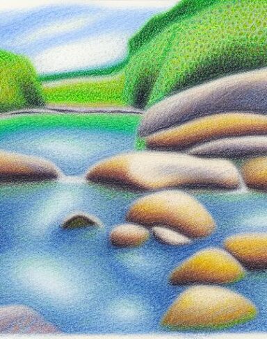 A painting of river and rocks
