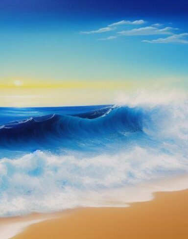 A painting of sea waves and a beach