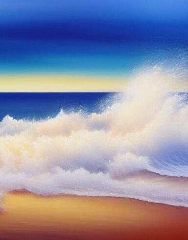 A painting of sea waves and sky