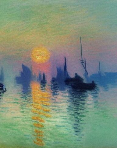 A painting of several boats in a body of water at sunset