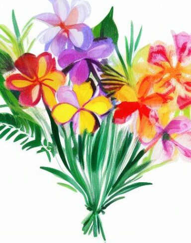 A painting of six flowers on a white background