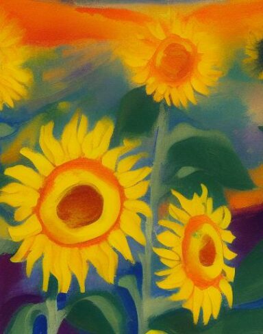 A painting of sunflowers in a field