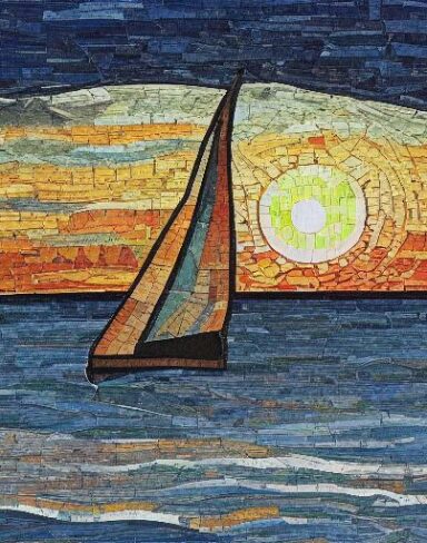 A painting of the sailboat on the water