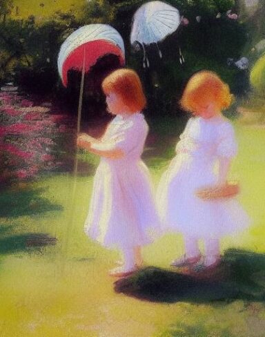 A painting of two kids in a garden