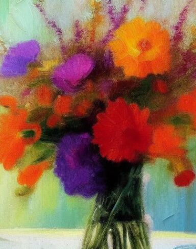 A painting of vibrant flowers in a vase on the table