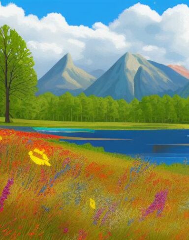 A painting of wildflowers near a lake
