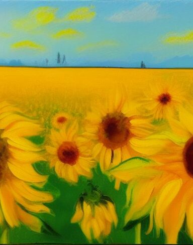 A painting of yellow sunflowers in the field