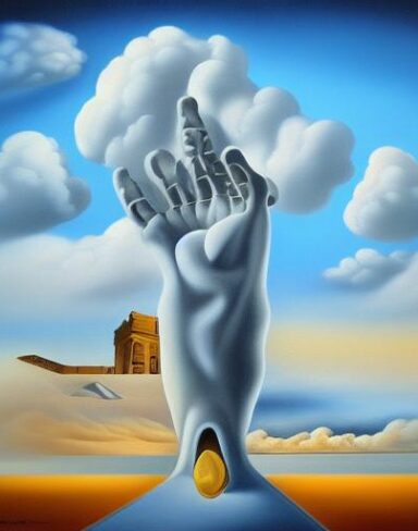 A painting on the side of a building with cloud and human hands