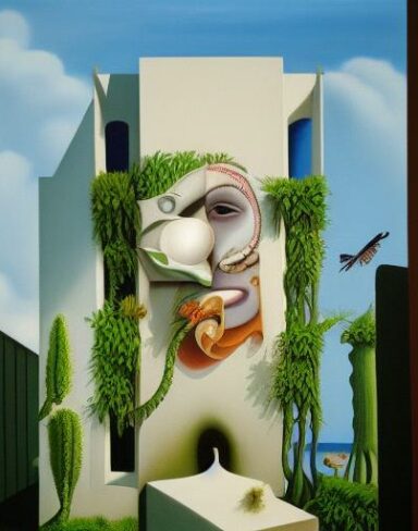 A painting on the side of a building with plants