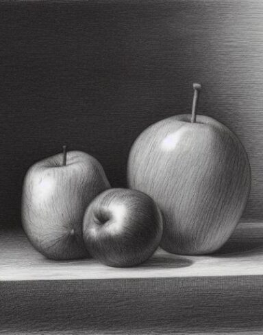 A pencil drawing of vase and apples on a table