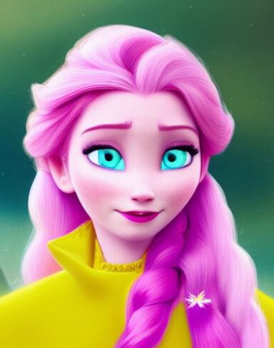 A person with pink hair and a yellow dress