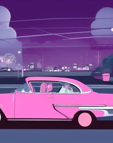 A pink car driving down a street at night