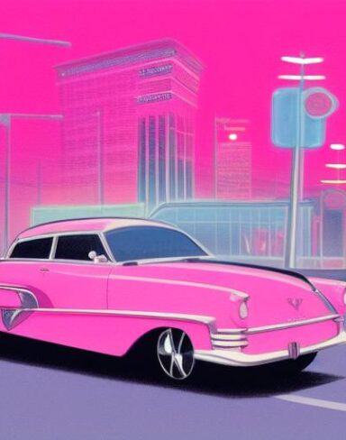 A pink car driving down a street at night