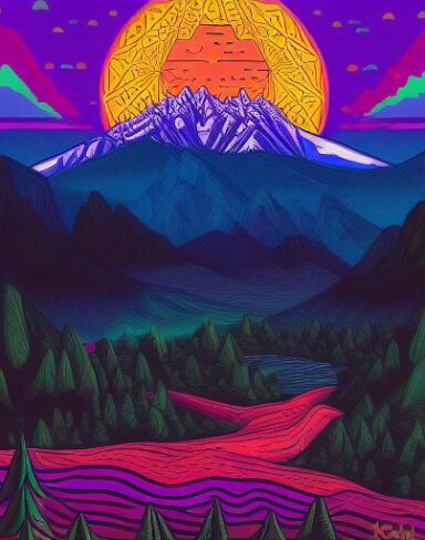 A psychedelic drawing with mountains in the background
