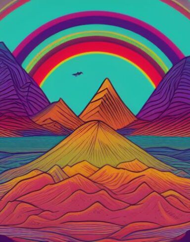 A psychedelic drawing with mountains in the background