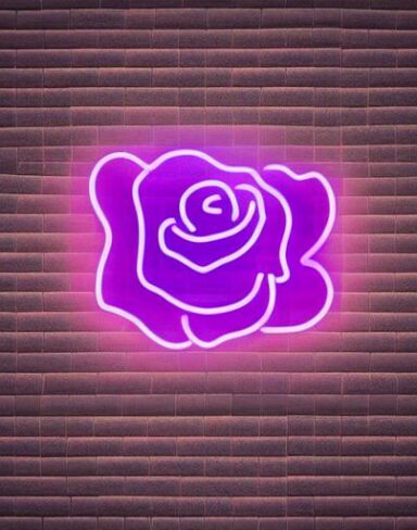 A purple flower neon sign on a brick wall