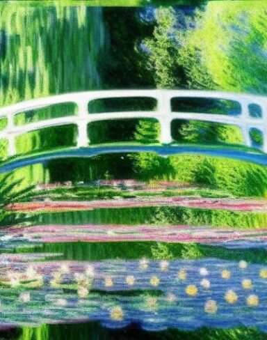 A romantic painting of a pond filled with water lilies