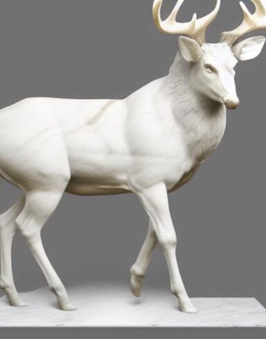 A sculpture statue of a deer in white color