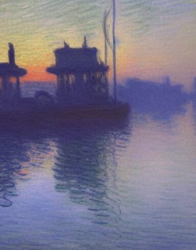 A soothing painting of a building next to a body of water