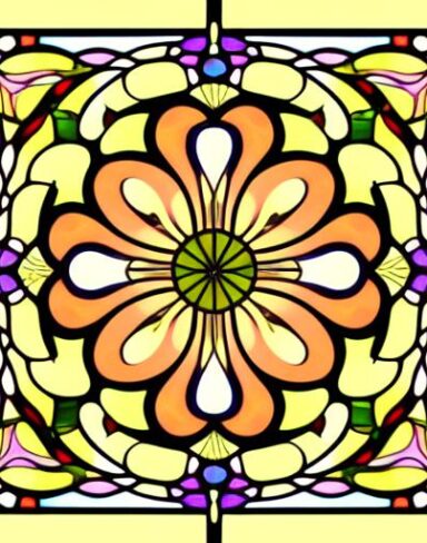 A stained glass picture of abstract flower patterns