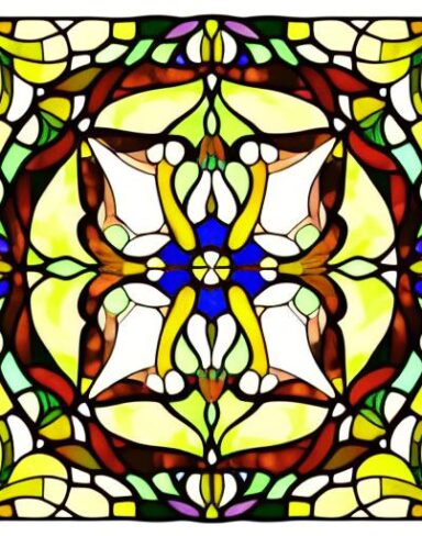 A stained glass picture of floral patterns