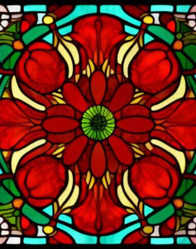 A stained glass picture of red flowers