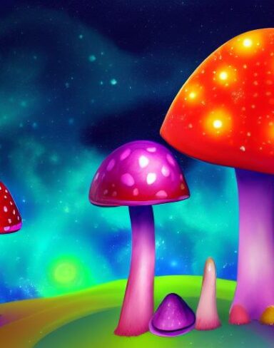 A starry mushroom on a cloud with stars in the background