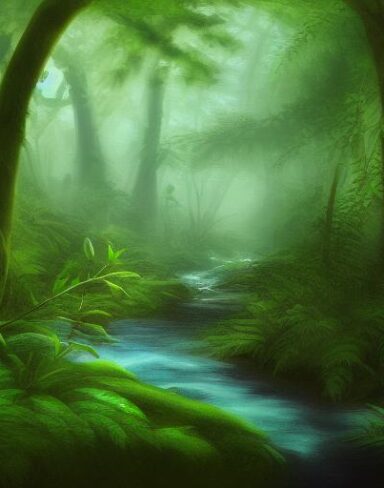 A stream running through a lush green forest