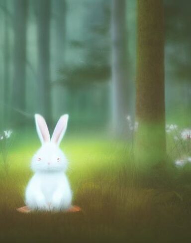 A tiny white rabbit sitting in the middle of a forest in a serene moment