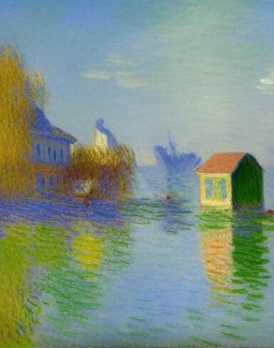 A vibrant painting of a building next to a body of water