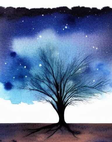A watercolor of a tree silhouette in the sky at night