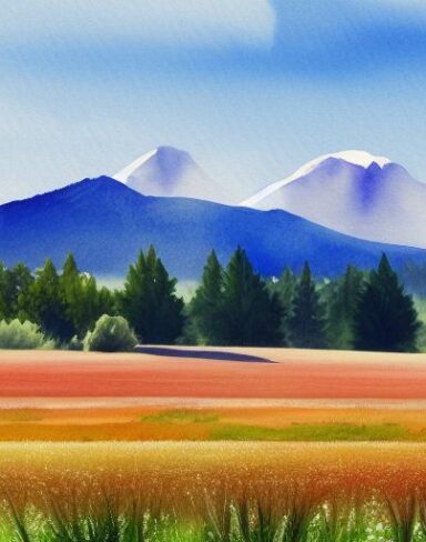 A watercolor painting of a field of whest with a mountain in the background