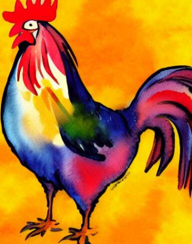 A watercolor painting of a rooster