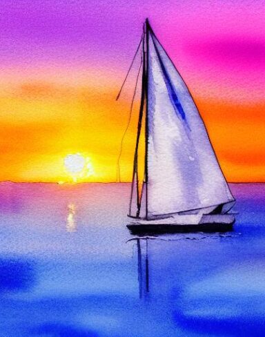 A watercolor painting of a sailboat in the ocean at sunset with dolphins and sunlight beams