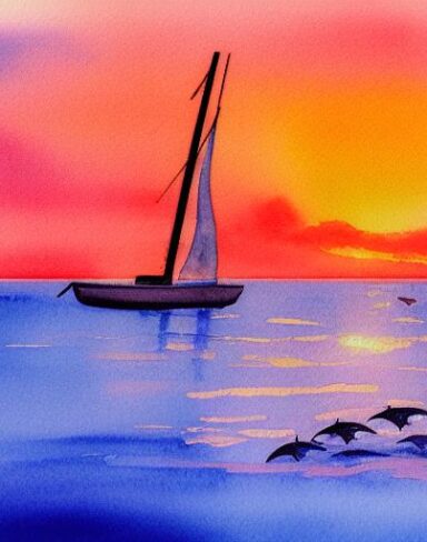 A watercolor painting of a sailboat in the ocean at sunset with dolphins with fish jumping out of water
