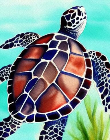 A watercolor painting of a sea turtle