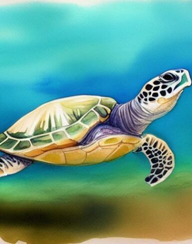 A watercolor painting of a sea turtle