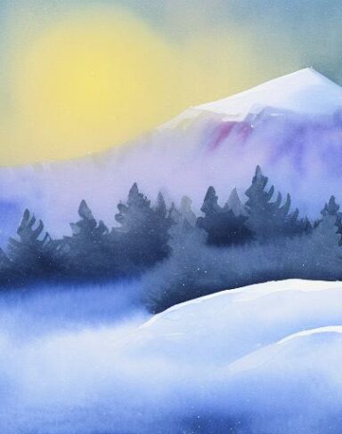 A watercolor painting of a snowy mountain. Burchfield